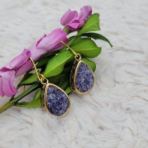 Purple Druzy Dangle Drop Gold Tone Earrings 1.25"